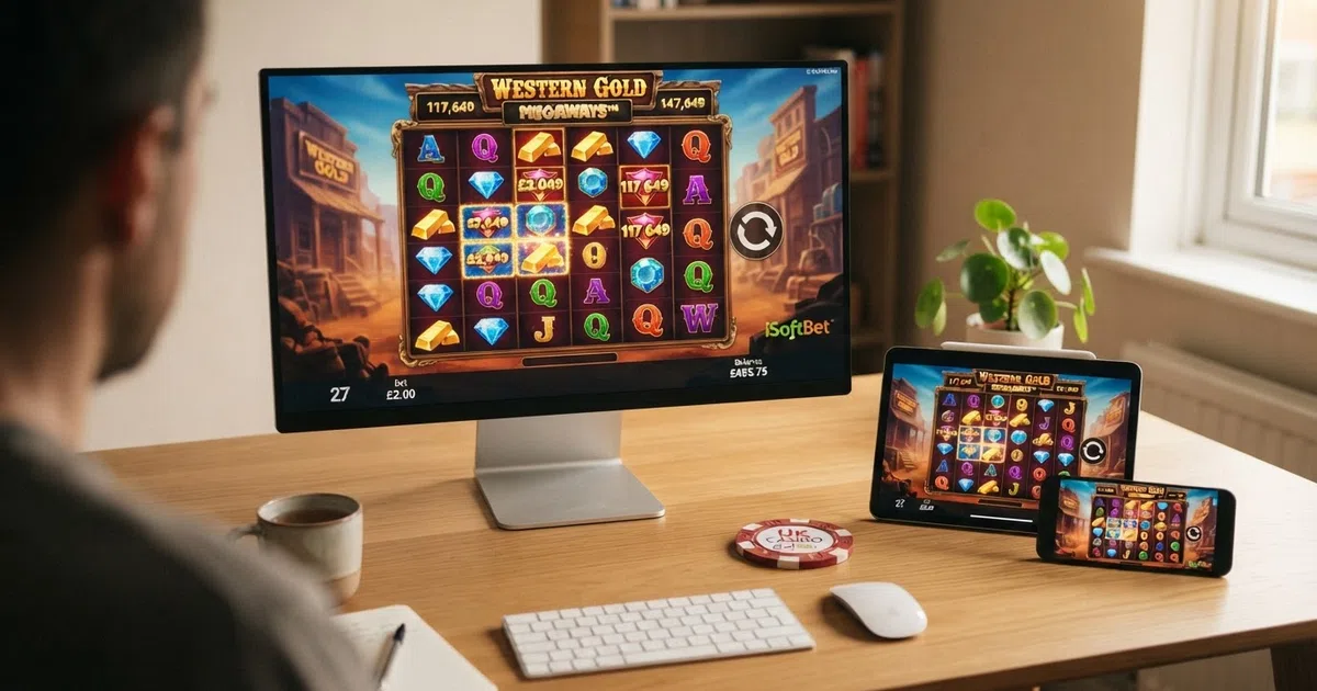 iSoftBet slot reels displayed across a desktop monitor, tablet and smartphone screen with the provider wordmark visible