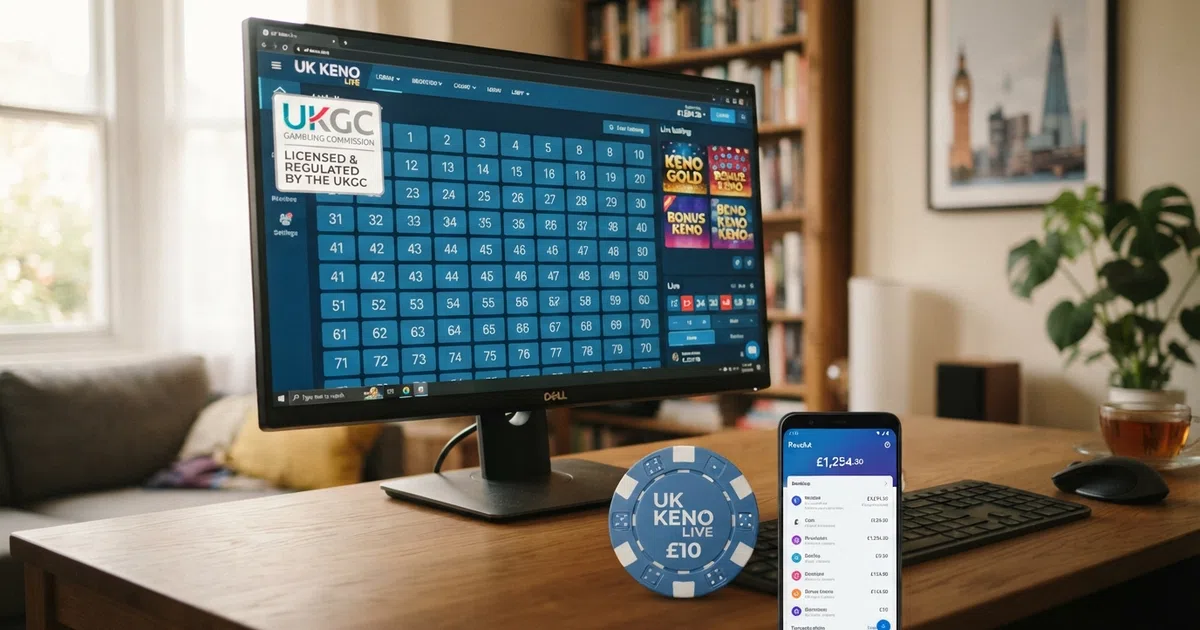 A grid of UK online casino lobby screens showing keno game tiles alongside the UKGC licence badge, on a desktop browser
