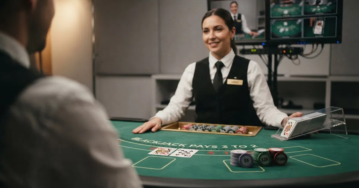 A live-dealer blackjack table in a professional casino studio, with a real dealer, cards on the felt, and multiple camera angles visible on the player interface