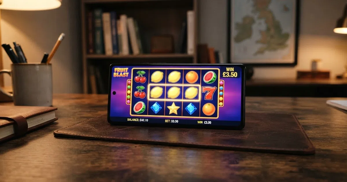 A row of colourful online slot reels on screen, one showing a winning payline lit up, with a British casino interface visible in the background