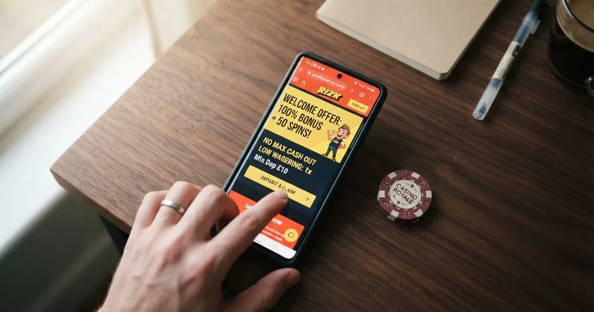 A UK online casino welcome-offer screen displaying wagering requirement terms and a free-spins count