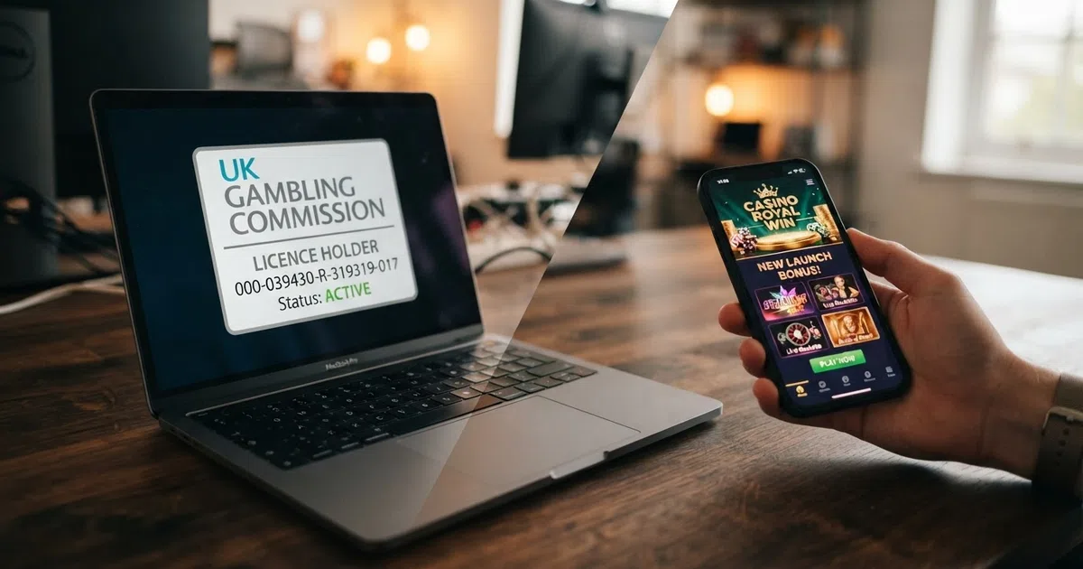A split-screen showing a UKGC licence badge on one side and a fresh casino lobby homepage on the other, representing the two meanings of “new” — freshly licensed and newly launched