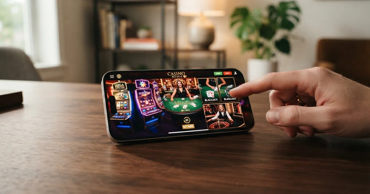 A phone screen showing an online casino lobby with slot reels, card tables and a live-dealer window