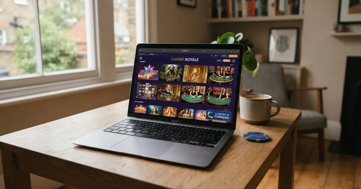 A UK laptop screen showing a casino lobby with a Curaçao licence badge in the footer, no GB Gambling Commission seal visible.