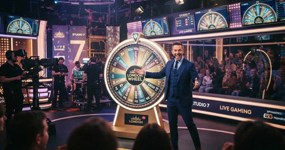 A live casino game-show studio with a presenter standing beside a large illuminated money wheel, colourful studio lighting and multiple camera angles visible on surrounding screens