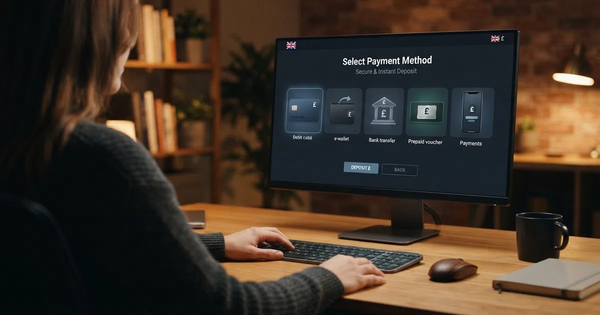 A UK online casino cashier screen displaying payment-method icons for Visa debit, PayPal, Trustly, Apple Pay and Paysafecard arranged in a row