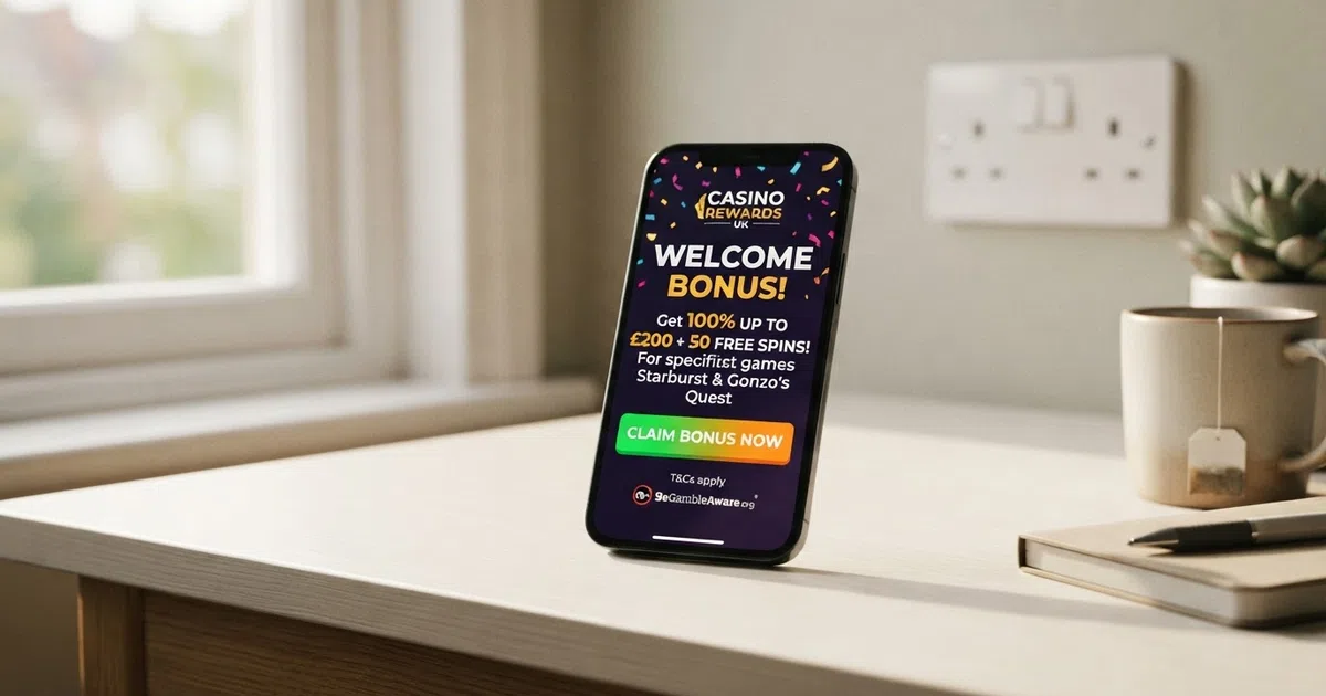 A smartphone displaying a UK online casino welcome offer screen with a prominent “Claim Bonus” button, set against a clean white background with a British plug socket visible in the corner to anchor the UK setting