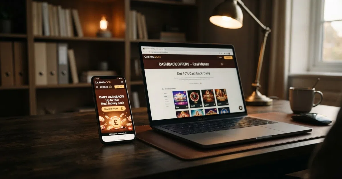 A desktop browser and a mobile phone screen each displaying a UK online casino cashback promotions page, side by side on a dark background
