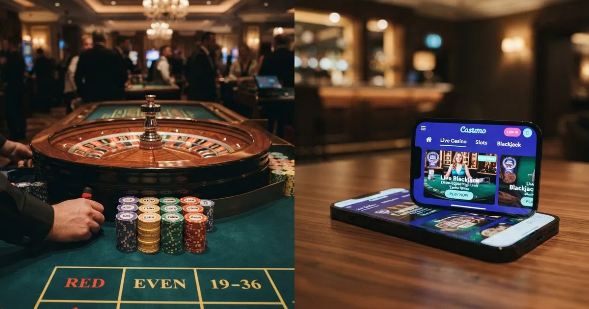 A split composition: on the left, a roulette wheel mid-spin with chips stacked on a high-limit position; on the right, a smartphone displaying a UKGC-licensed casino lobby with a live blackjack table thumbnail
