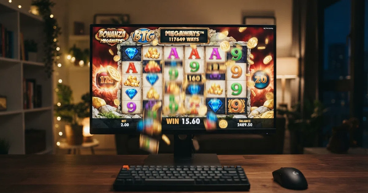 A grid of colourful online slot reels with one row showing the cascading Megaways symbol layout