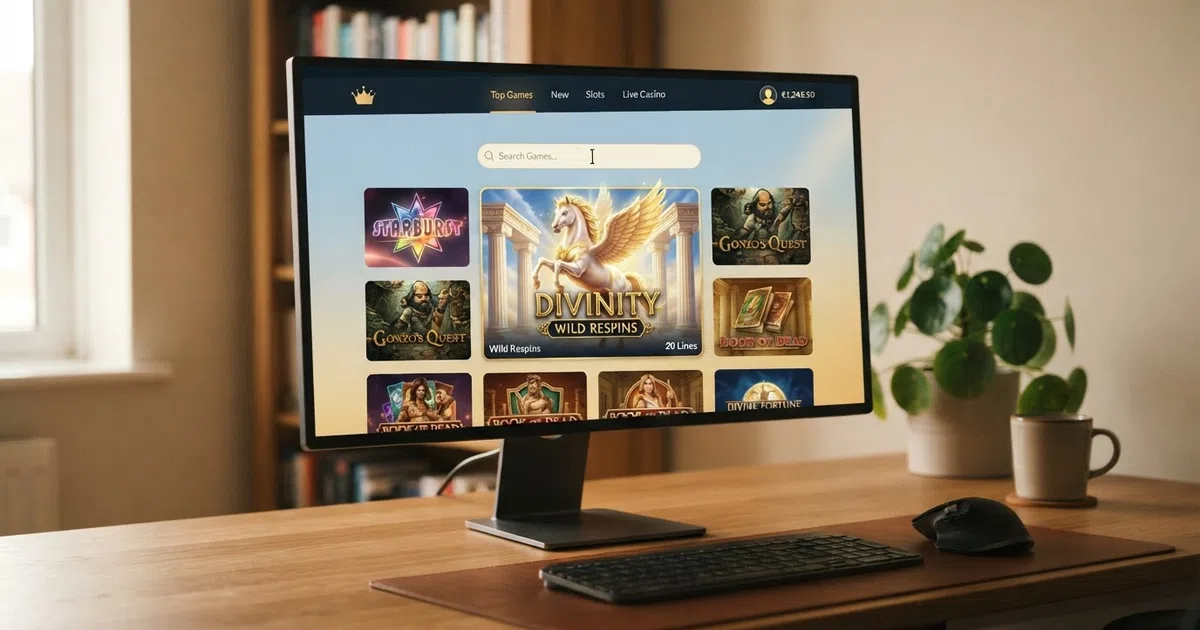 An online casino game lobby on a desktop screen showing Divine Fortune's thumbnail among rows of slot titles, with a search bar visible