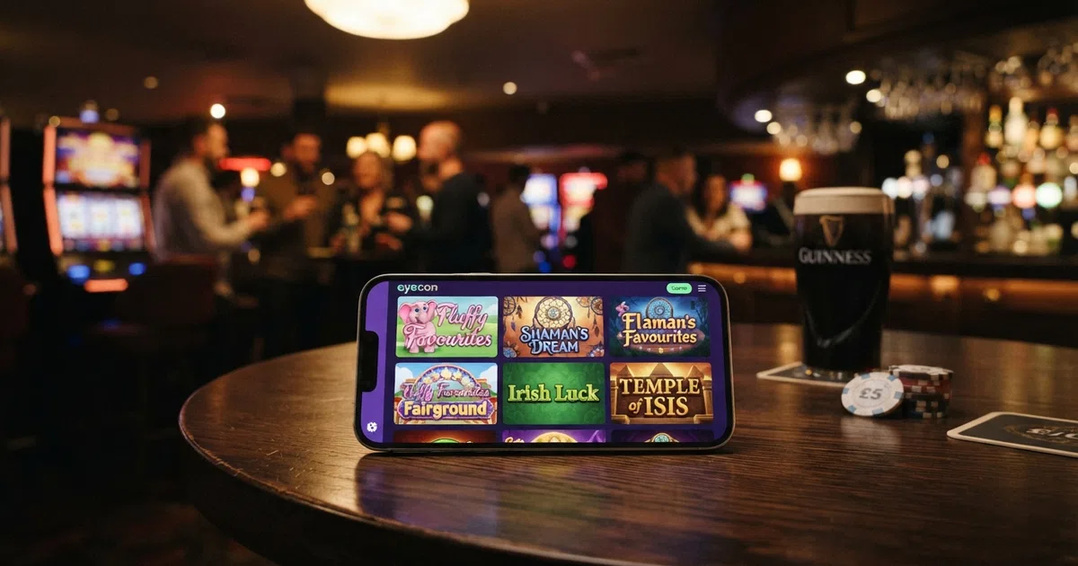 A grid of Eyecon slot game tiles displayed on a mobile phone screen, with Fluffy Favourites and Shaman's Dream visible in the centre