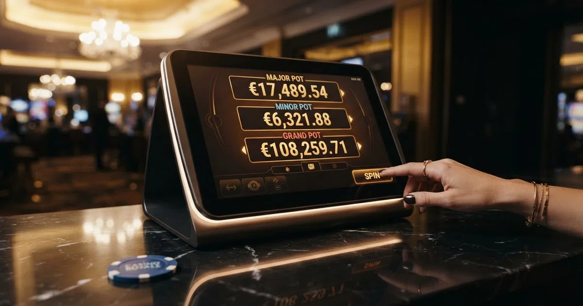 A three-tier progressive jackpot display showing the Royal Pot, Regal Pot and Jackpot King prize totals rising in real time on a dark casino interface