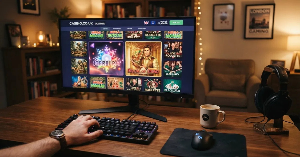 A desktop screen showing a UK online casino lobby with a grid of NetEnt slot title tiles, Starburst and Gonzo's Quest visible in the centre