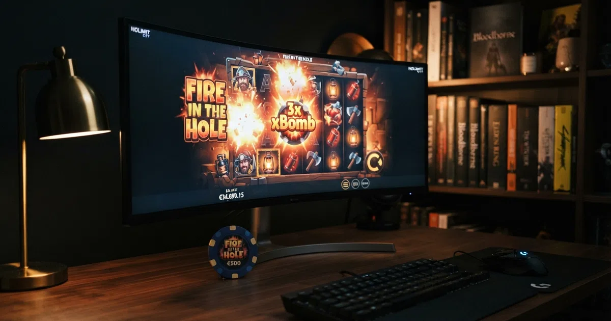 A grid of Nolimit City slot title cards including Fire in the Hole, Mental and Tombstone R.I.P. displayed on a dark branded background
