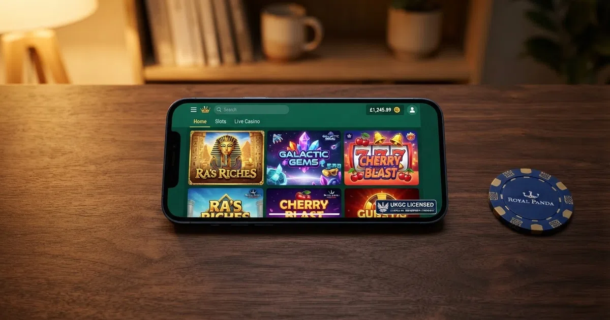 A browser window open to a UK casino lobby showing a grid of Play'n GO slot thumbnails — Book of Dead, Reactoonz, and Fire Joker visible — with a UKGC licence badge in the page footer