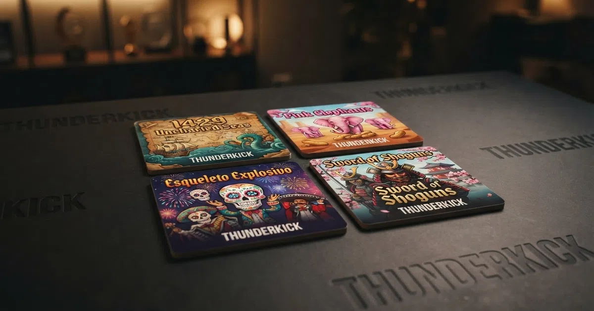 A grid of colourful Thunderkick slot tiles featuring 1429 Uncharted Seas, Pink Elephants, Esqueleto Explosivo and Sword of Shoguns against a dark studio-branded background