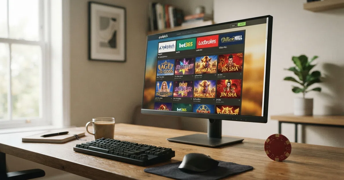 A grid of Playtech slot game icons and UK casino site homepages on a desktop screen