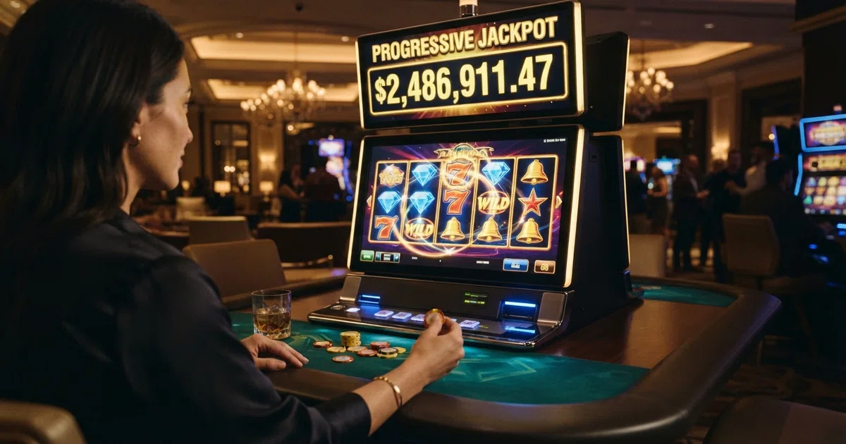 A progressive jackpot slot showing five reels with a rising jackpot counter above them