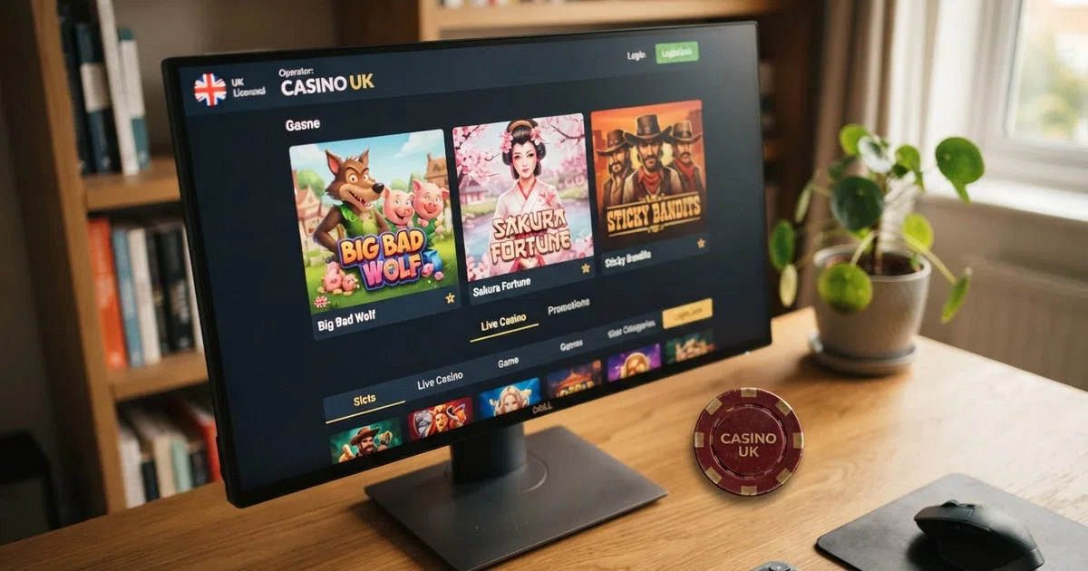 A grid of UK online casino lobby screenshots showing Quickspin slot thumbnails including Big Bad Wolf, Sakura Fortune and Sticky Bandits, arranged across a desktop browser window with a Union Jack badge visible on one operator interface