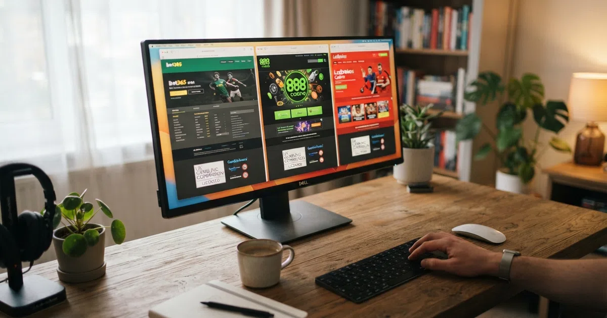 A desktop display showing several UK-licensed online casino homepages side by side, each with a visible Gambling Commission licence number in the footer