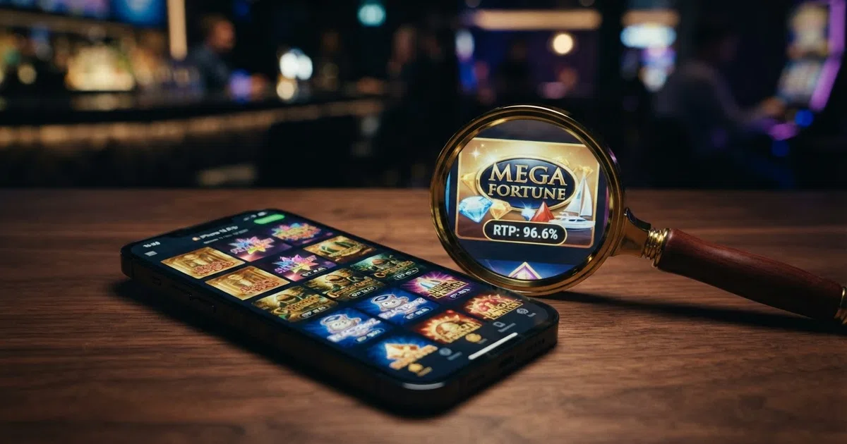 A grid of colourful online slot game tiles overlaid with a magnifying glass revealing a percentage symbol and the letters RTP, against a dark casino-style background.