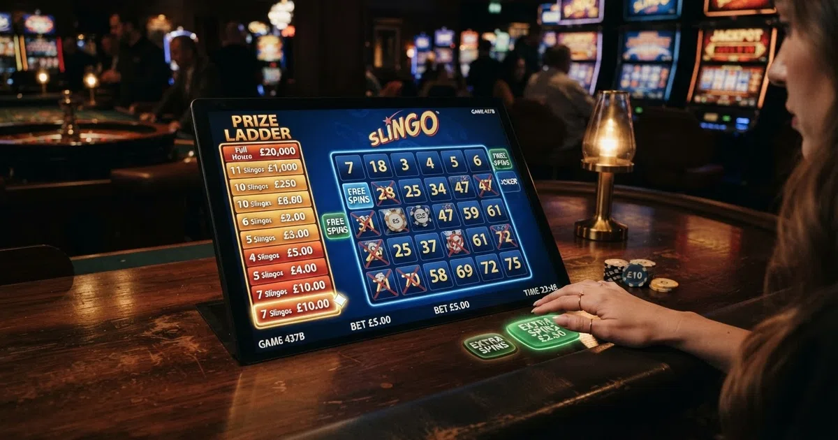 A 5×5 Slingo grid displaying numbered balls, joker symbols and a prize ladder against a casino-themed backdrop
