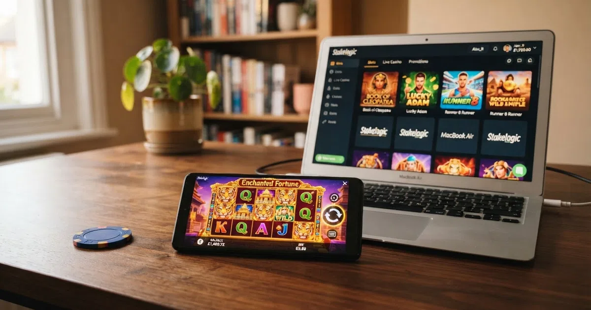 A grid of Stakelogic slot game thumbnails with a UK casino lobby interface in the background, showing game titles and provider logos
