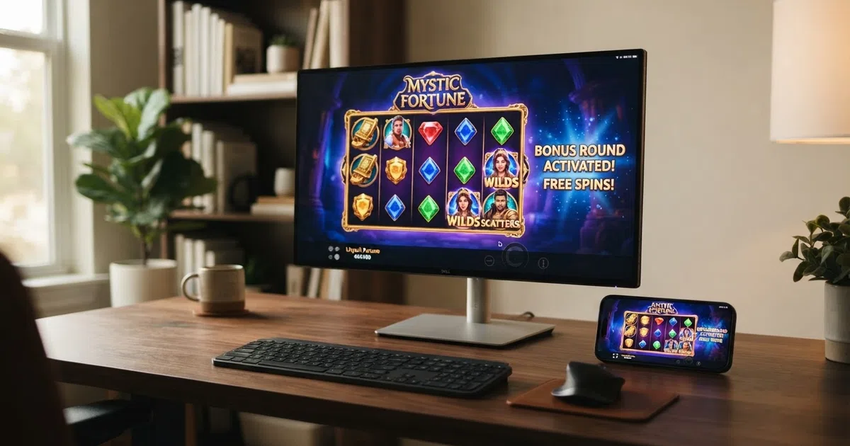 A grid of five colourful online video slot reels displayed on a desktop monitor and a smartphone side by side, showing wild symbols, scatter icons and a bonus-round splash screen