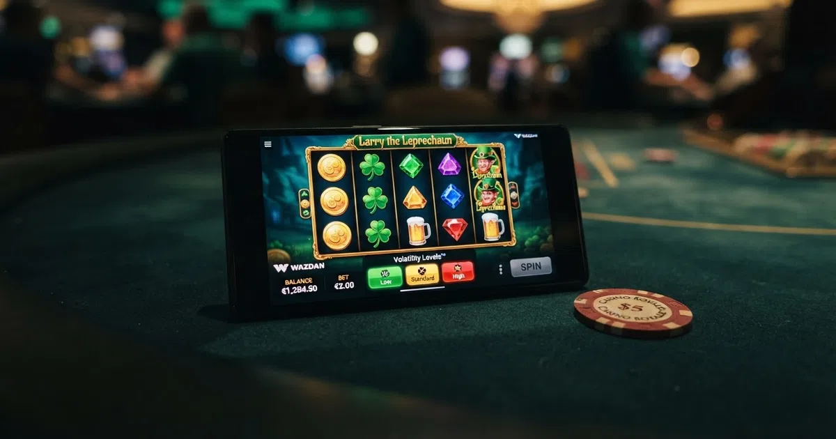 A Wazdan slot game loaded on a smartphone screen, showing five reels with the Volatility Levels selector displaying low, standard and high options beneath the game grid