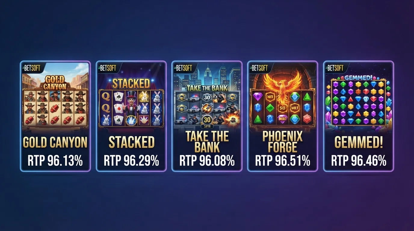 Five Betsoft slot title cards arranged by RTP, from Stampede at 95.27% to Good Girl Bad Girl at up to 97.79%