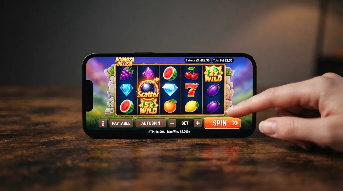 Game screen of a BGaming video slot with five reels showing fruit and jewel symbols, the paytable button and RTP information panel visible alongside the reels
