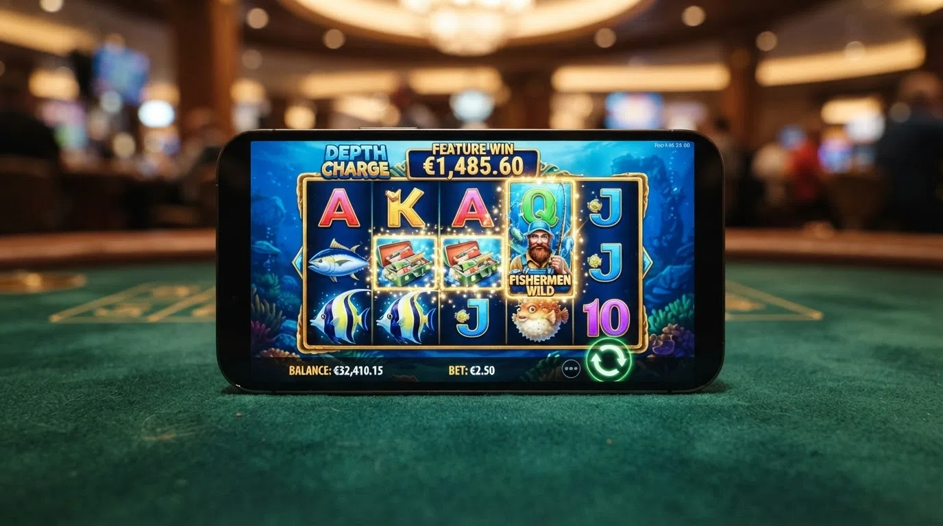 The Big Bass Bonanza slot reel set during a free-spins feature, showing the fisherman wild symbol and a accumulated win counter on a 5×3 grid