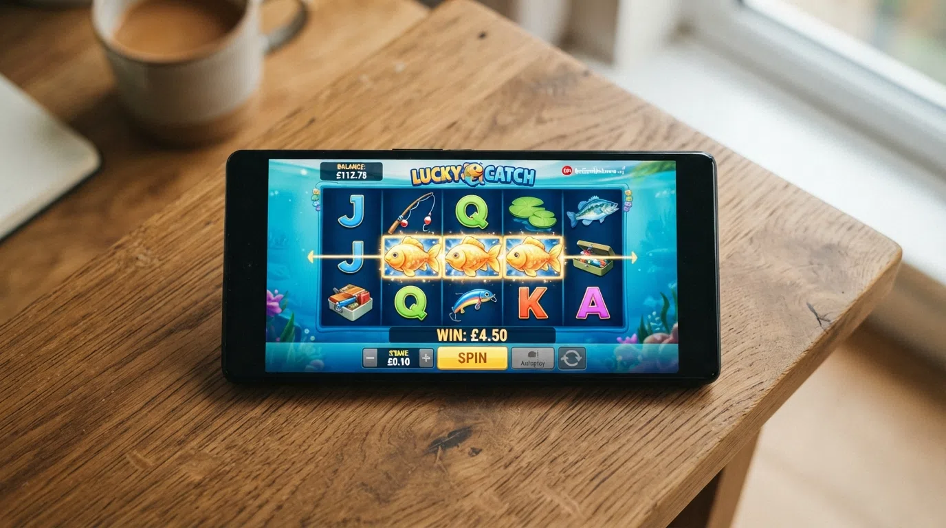 The Big Bass Splash slot reels in play on a mobile screen, showing the £0.10 stake indicator and a partial win on the paylines, with the game's fishing-themed symbols visible