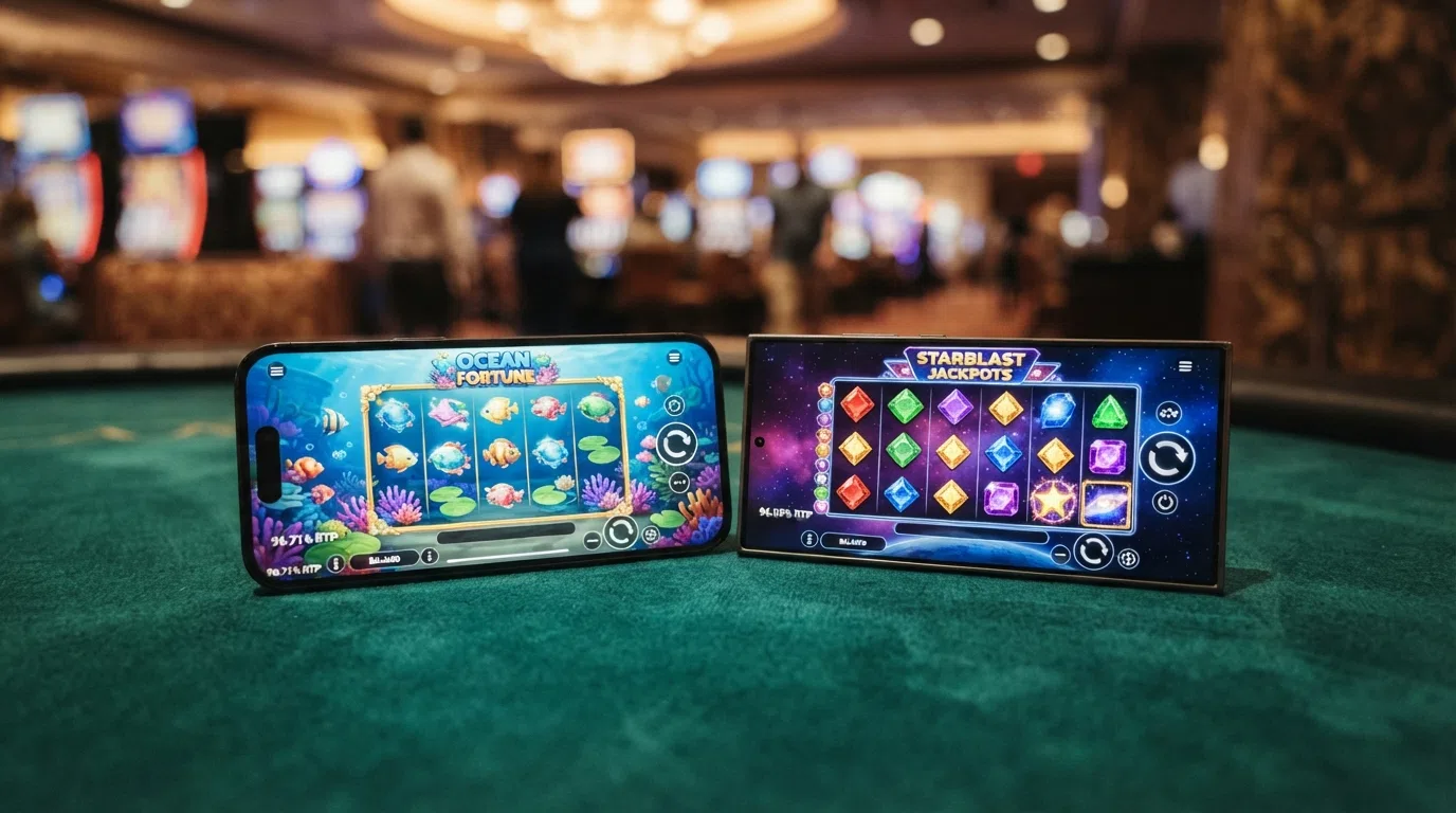 A split-screen view of the Big Bass Splash and Starburst slot game title screens, with their RTP percentages — 96.71% and 96.09% — displayed as overlay text