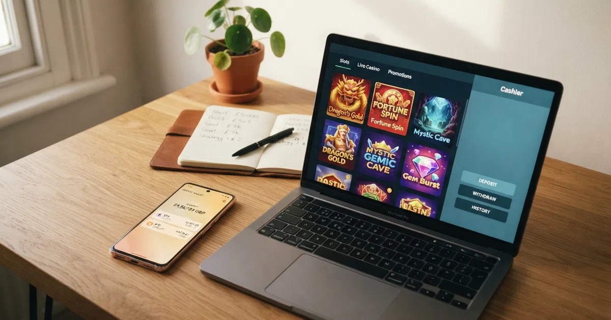 A laptop screen displaying a BNB casino lobby with slot thumbnails, a BNB logo on the cashier panel, and a smartphone beside it showing a crypto wallet balance in BNB