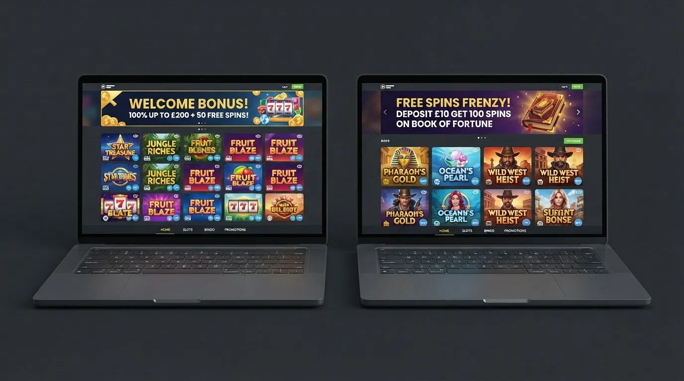 Two side-by-side site windows, each showing a welcome offer and a slot grid