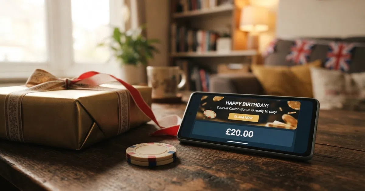 A birthday gift box wrapped in gold paper alongside casino chips, a smartphone displaying a casino lobby, and subtle UK flag branding
