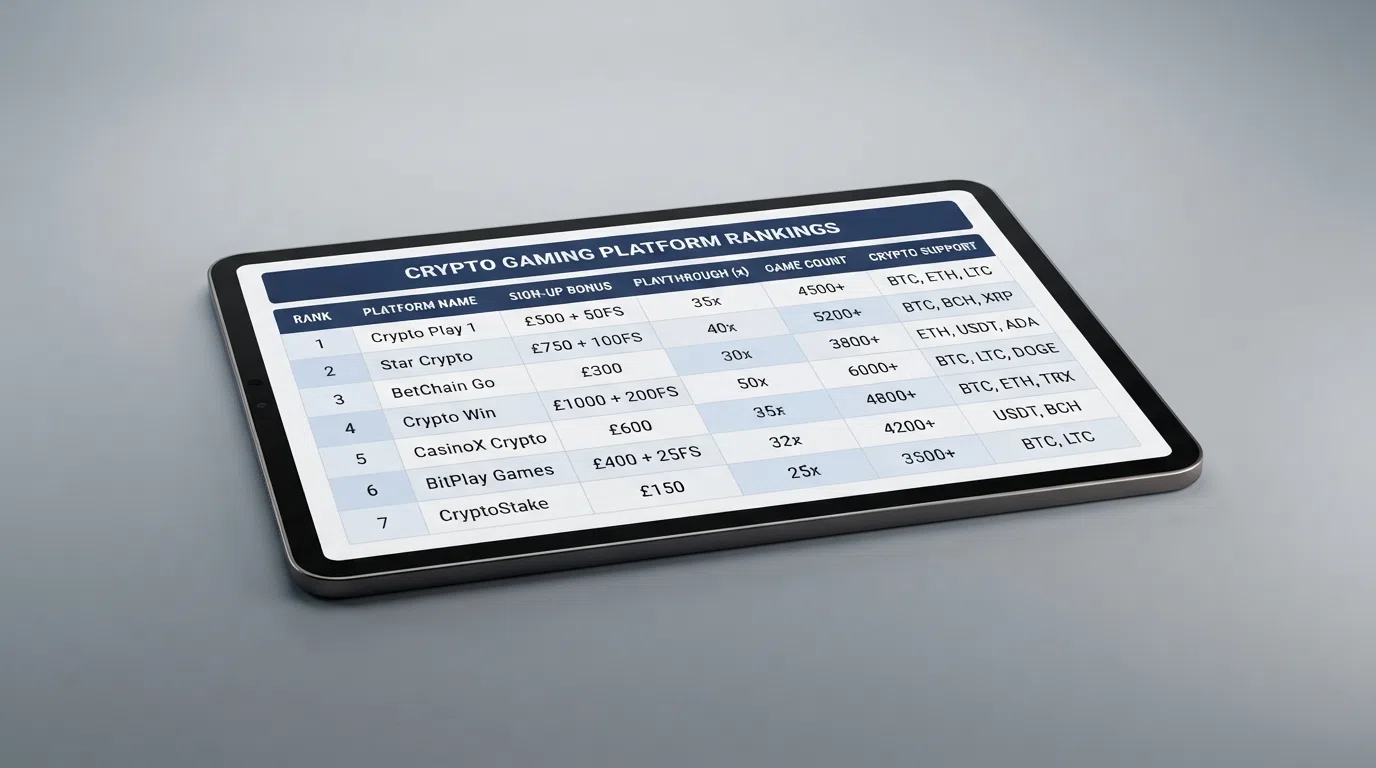 A ranked comparison table on a screen showing operator names, bonus amounts, wagering figures and game counts side by side