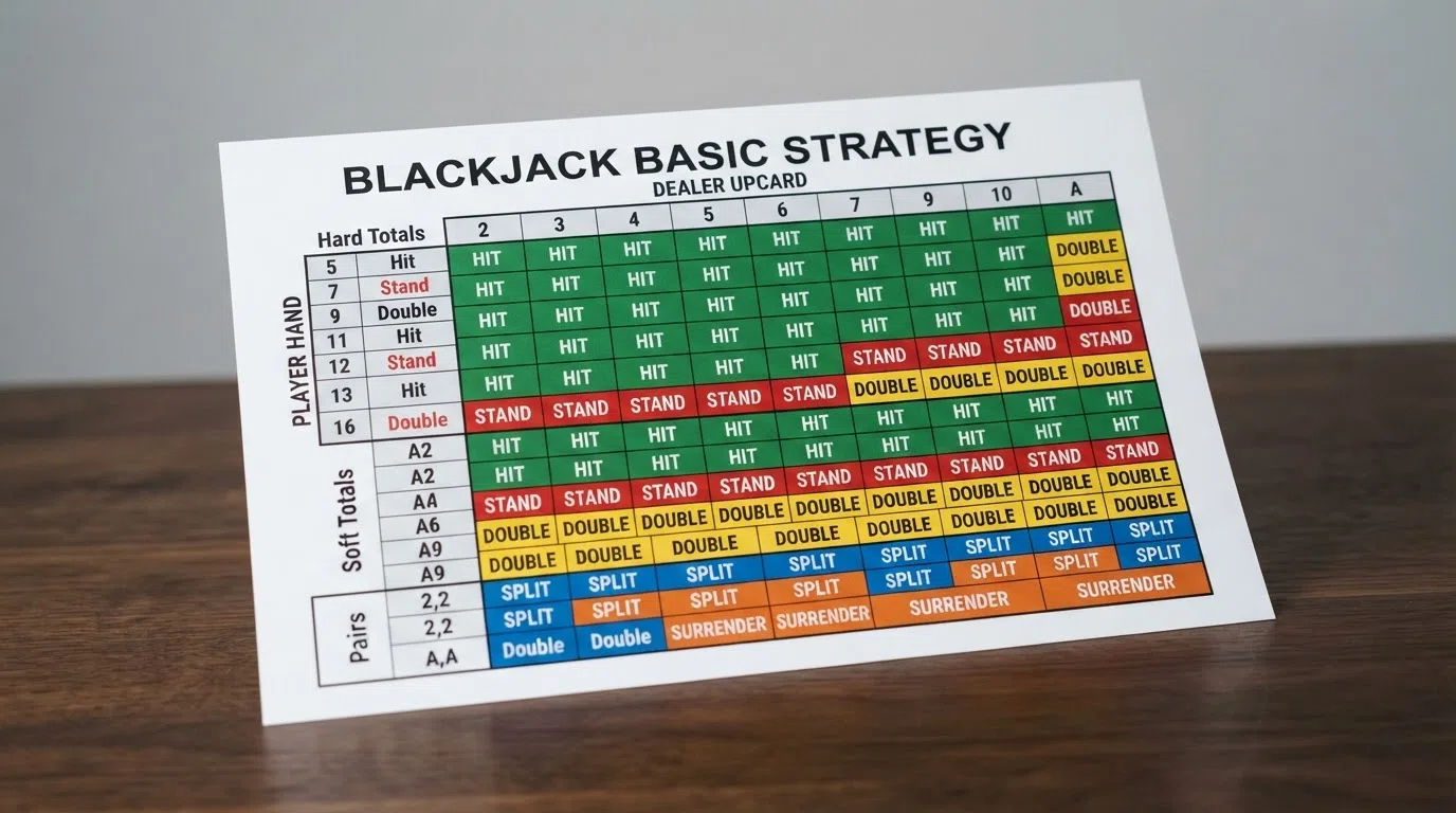A colour-coded basic strategy grid with player hand totals down one axis and dealer upcard values across the other, each cell marked with the optimal action