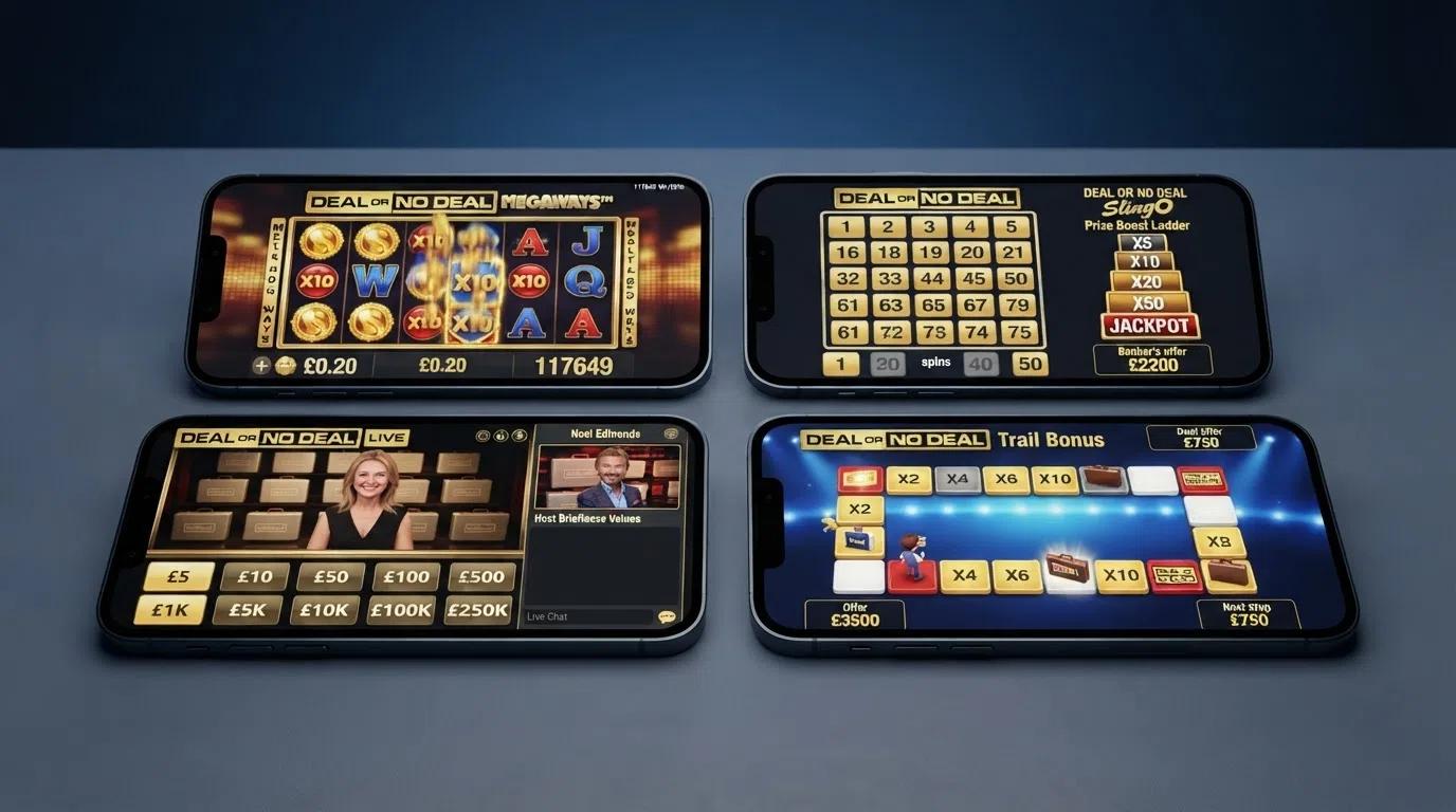 A collage of four different Deal or No Deal game interfaces showing a Megaways cascading-reel set, a Slingo numbered grid, a live-dealer briefcase table and a trail-board bonus screen