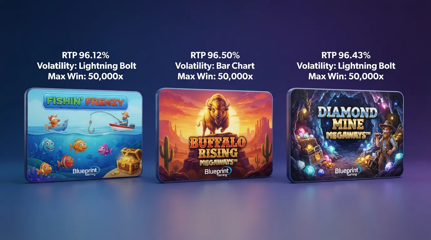 Side-by-side game cards for Fishin' Frenzy, Buffalo Rising Megaways and Diamond Mine Megaways, each displaying its RTP percentage, volatility label and maximum win figure
