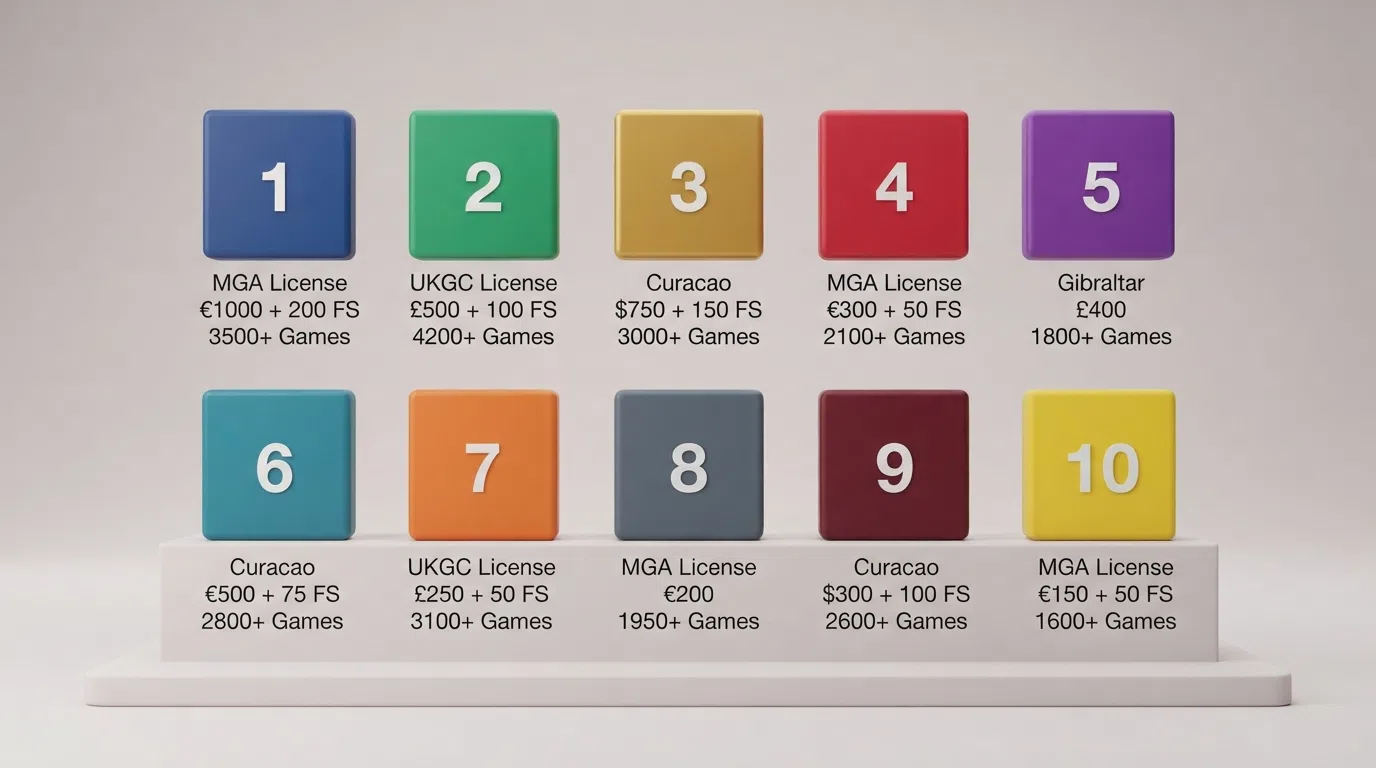 A grid of ten casino logos arranged in ranked order with their licence jurisdictions, bonus values, and game counts displayed beneath each one