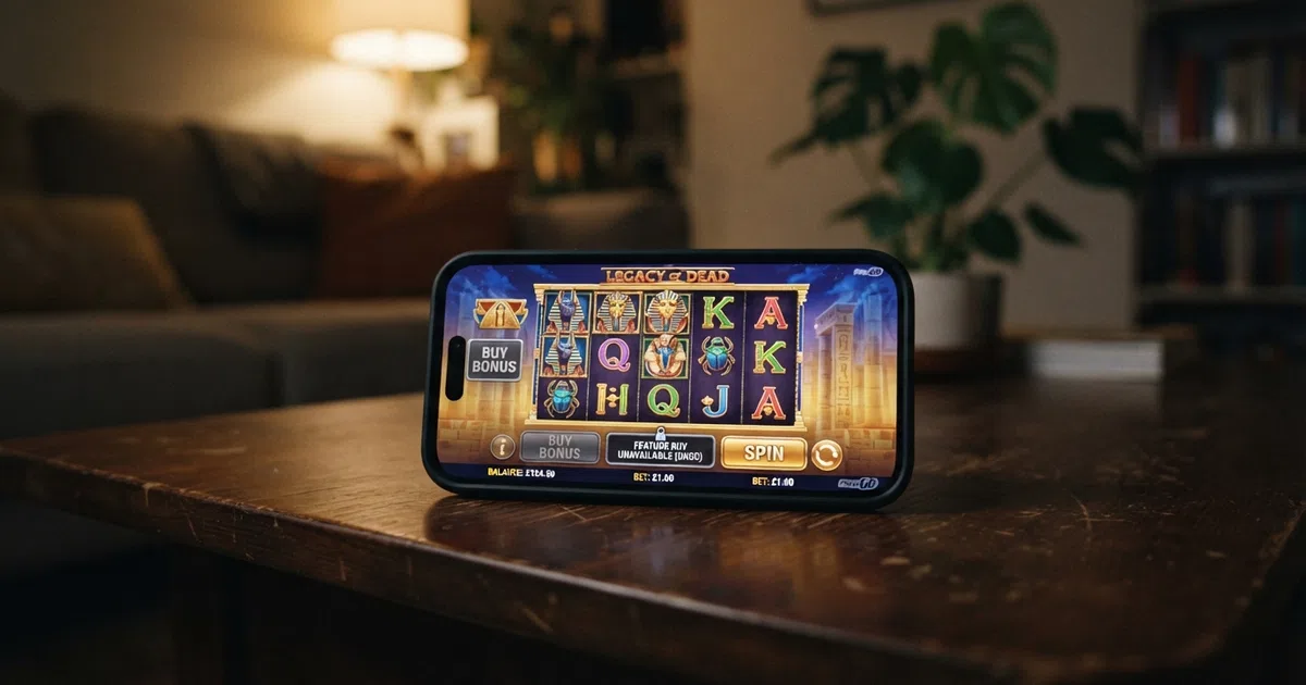 a grid of colourful online slot reels on a smartphone screen, with a prominent “buy bonus” button greyed out and overlaid with a padlock icon, set against a dark casino-lobby background