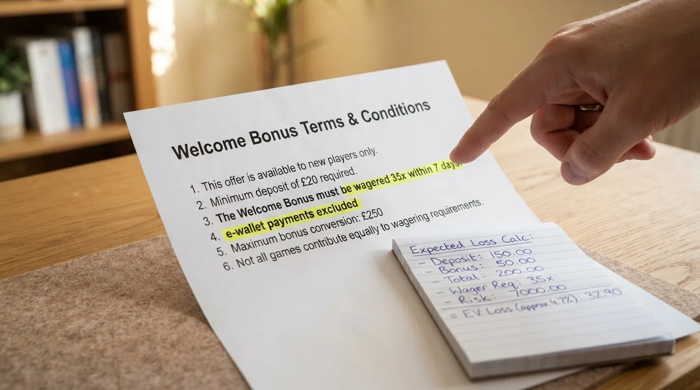A close-up of casino bonus terms and conditions with the phrase “e-wallet payments excluded” highlighted, beside a calculator showing the expected-loss figure from the prescribed calculation