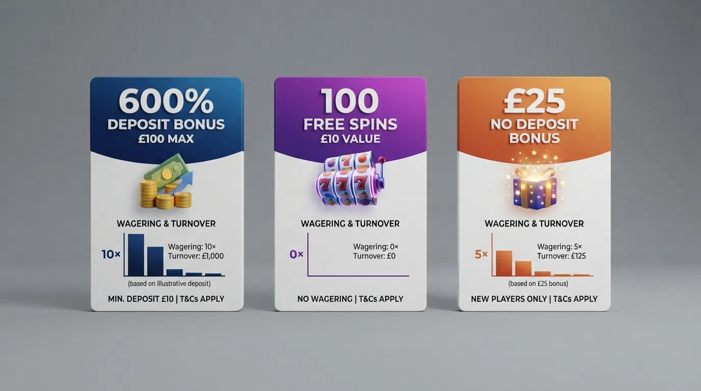 A side-by-side visual comparison of three bonus types — a deposit match, a free-spins bundle and a no-deposit offer — with their corresponding wagering multiples and turnover figures
