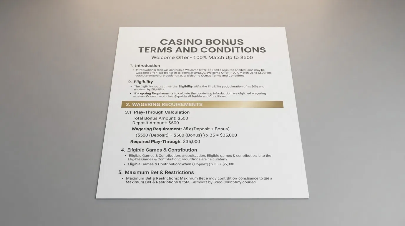 A close-up of casino bonus terms and conditions with the wagering requirement clause and a play-through calculation highlighted on the page