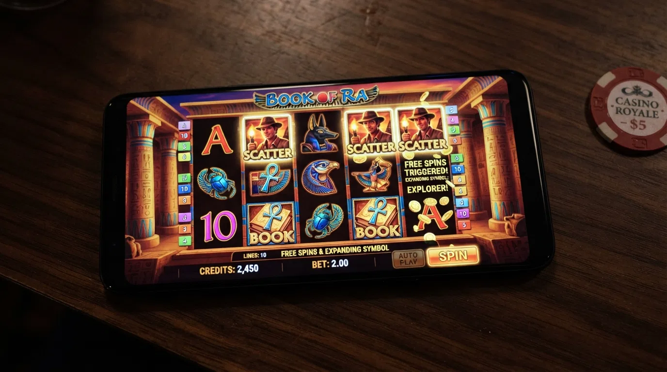 Book of Ra Deluxe reels in play showing the explorer symbol, Egyptian temple backdrop and the expanding-symbols free-spin trigger on screen