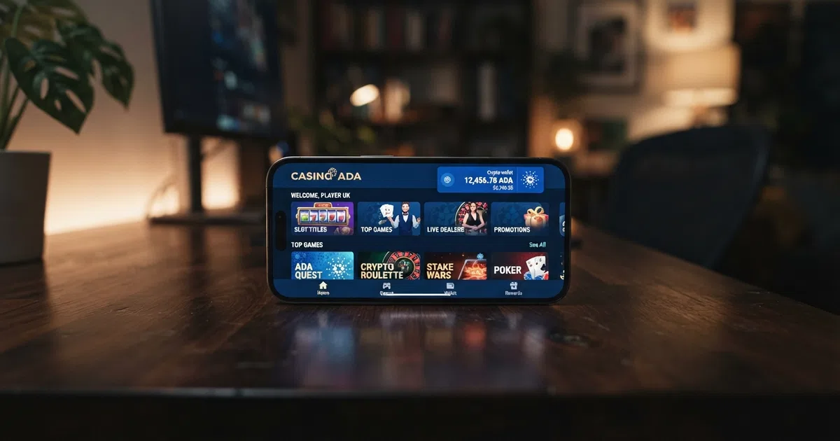 A smartphone screen showing a cryptocurrency wallet with ADA tokens beside a casino lobby interface, set against a dark background with the Cardano blockchain logo