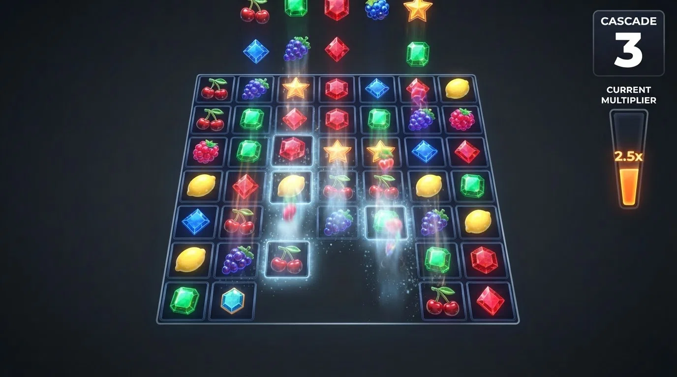 A step-by-step diagram showing winning symbols disappearing from the grid and new symbols dropping down to fill the empty positions, with a cascade counter displaying the chain length